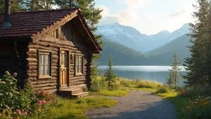 Cabane en bois rustique dans un paysage montagneux avec un lac
