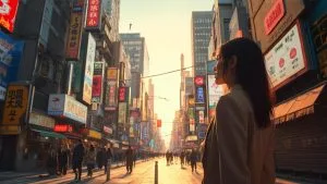 Personnes marchant dans une rue bondée de la ville avec des enseignes lumineuses