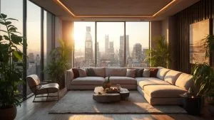 Salon confortable avec vue imprenable sur les gratte-ciel de la ville