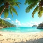 Plage de sable fin entourée de palmiers sous un ciel bleu