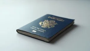 Gros plan sur un passeport américain bleu foncé avec emblème doré