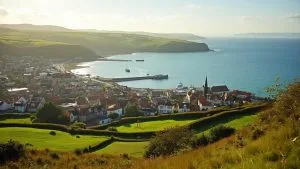 Vue panoramique d'un port de pêche dans une ville côtière verdoyante