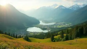 Vue panoramique sur un magnifique paysage alpin avec des lacs et des montagnes enneigées.