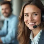 Femme avec casque téléphonique, souriante et à l'écoute du client