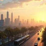 Une superbe vue de la ville avec des gratte-ciels, des palmiers et une circulation animée