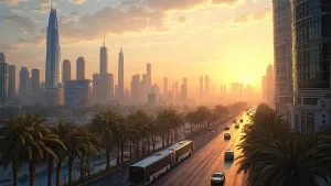 Une superbe vue de la ville avec des gratte-ciels, des palmiers et une circulation animée