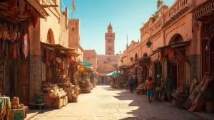 Rues animées d'un marché traditionnel marocain avec des boutiques colorées