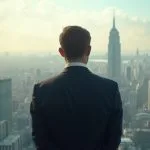 Homme en costume regardant la ville depuis une fenêtre haute